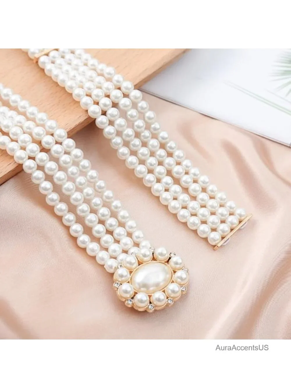 Rhinestone Faux Pearl Elastic Buckle Dress Belt